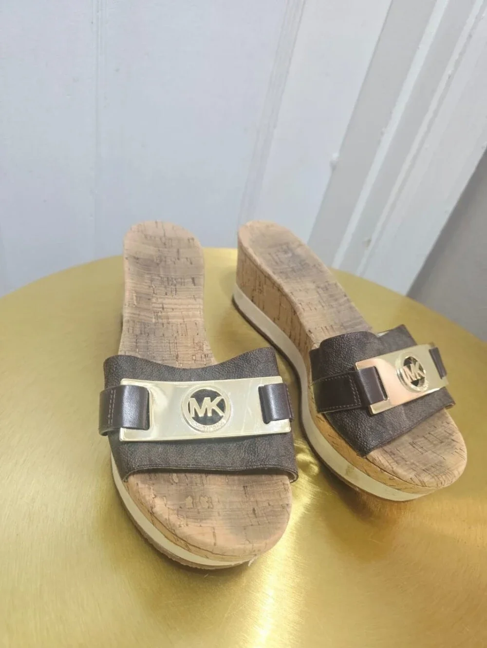 Michael Kors Womens MK Warren Platform Cork Slide Sandals Brown Gold Size 8M